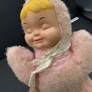 Vintage Bantam Pink Plush Baby Doll Vinyl Face Musical Wind Up Brahms Lullaby